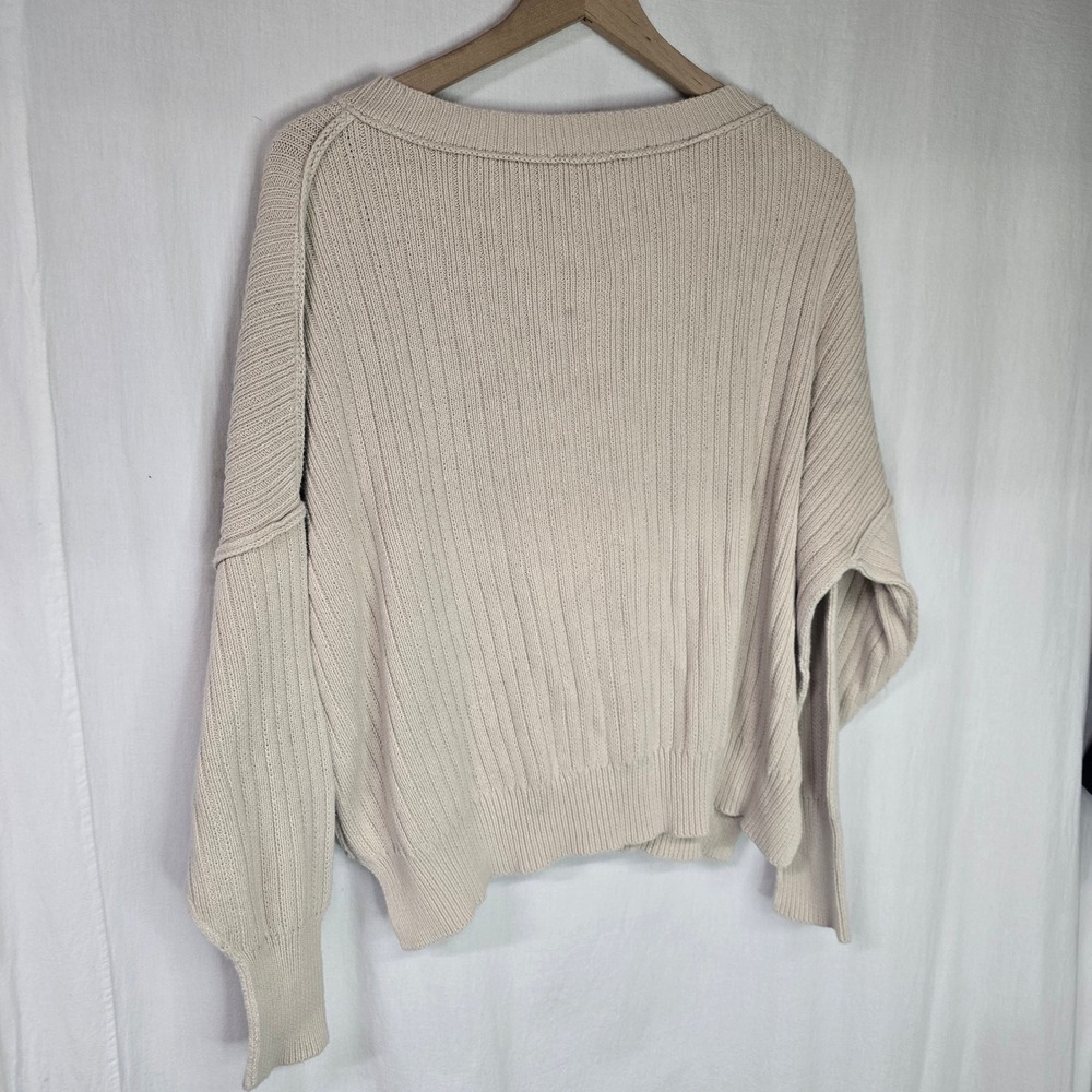 neuflora Ribbed V-Neck Sweater Womens Medium Beige Knit Slouchy Boho Minimalist - Picture 5 of 7